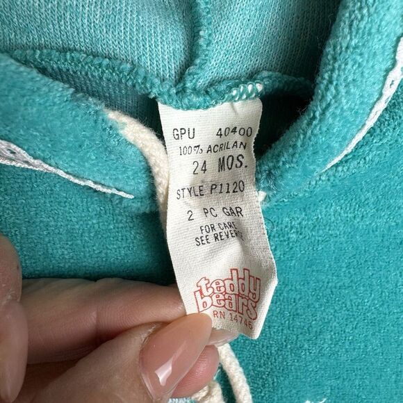VTG Teddy Bears Girls Sweetheart Sweater Hoodie Lace Floral Trim Teal Sz 24 Mos‎ - Picture 6 of 7